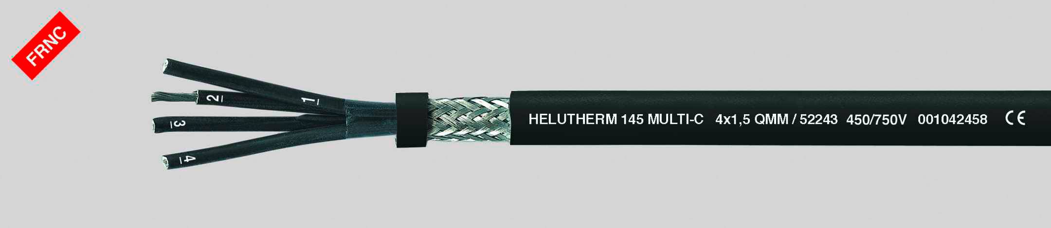 Ein schwarzes, flexibles Kabel namens 'Helutherm 145 Multic.' Es hat mehrere freiliegende, beschriftete Innenleiter und eine texturierte Oberfläche.