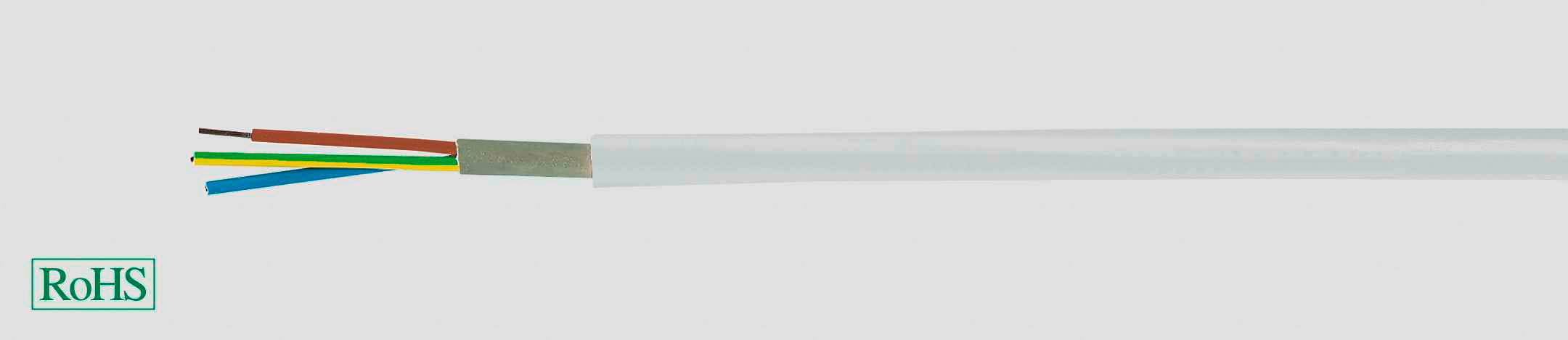 Kabel mit sechs farbigen Drahtadern, geeignet für Elektroinstallationen. Links unten 'RoHS'-Symbol, steht für umweltfreundliche Materialien.