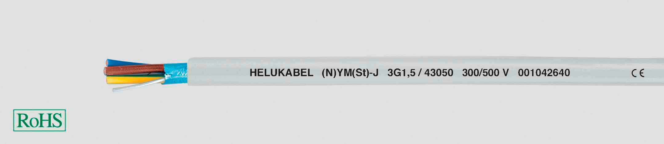 Ein graues Elektrokabel mit der Aufschrift 'HELU KABEL (NYM(St)-J 3G1.5/40360 300/500 V 001026840', RoHS-Logo auf der linken Seite.