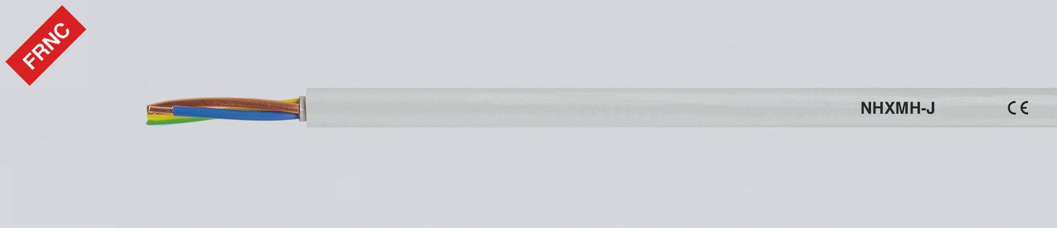 Ein weißes Elektrokabel mit drei farbigen Adern: Blau, Braun und Gelb-Grün. Auf der Isolierung ist 'NHXMH-J' und 'CE' aufgedruckt.