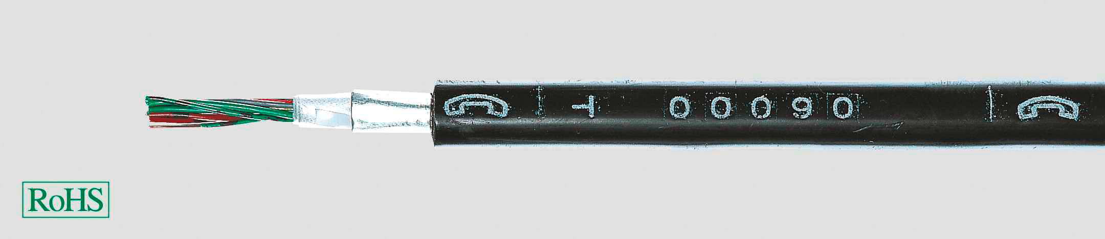 'RoHS'-zertifiziertes elektrisches Kabel mit farbigen Kupferdrähten im Querschnitt. Schwarzer Mantel mit weißen Markierungen.