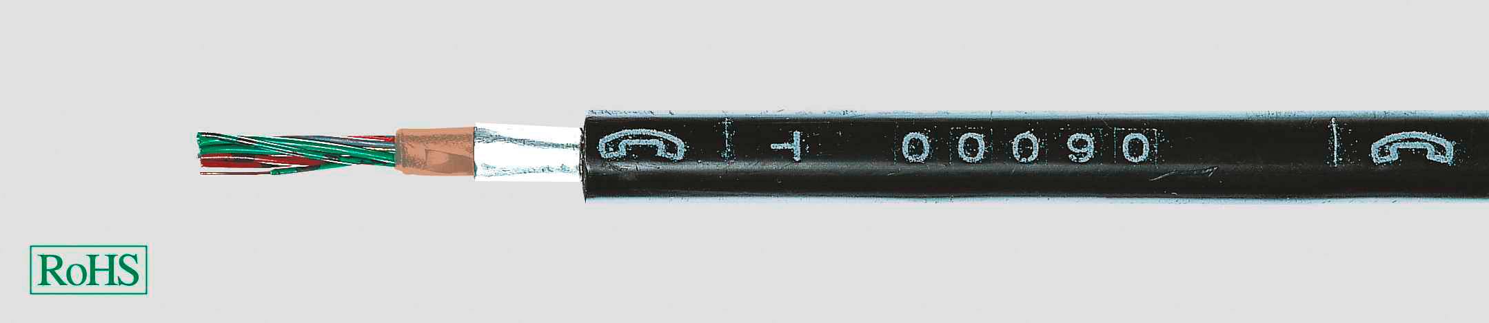 Ein schwarzes Kabel mit mehreren farbigen Drähten, teilweise abisoliert, zeigt den Querschnitt. Aufdrucke am Kabel zeigen Symbole und Zahlen. Ein kleines 'RoHS'-Symbol links unten.