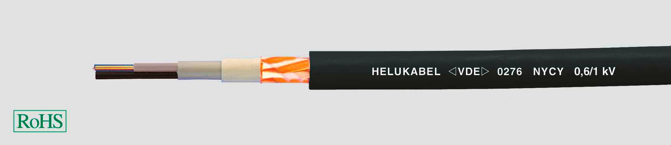 RoHS-konformes Helukabel NYCY 0,6/1 kV, Schnittansicht der Kabelschichten mit schwarzem Außenmantel, Detailansicht.