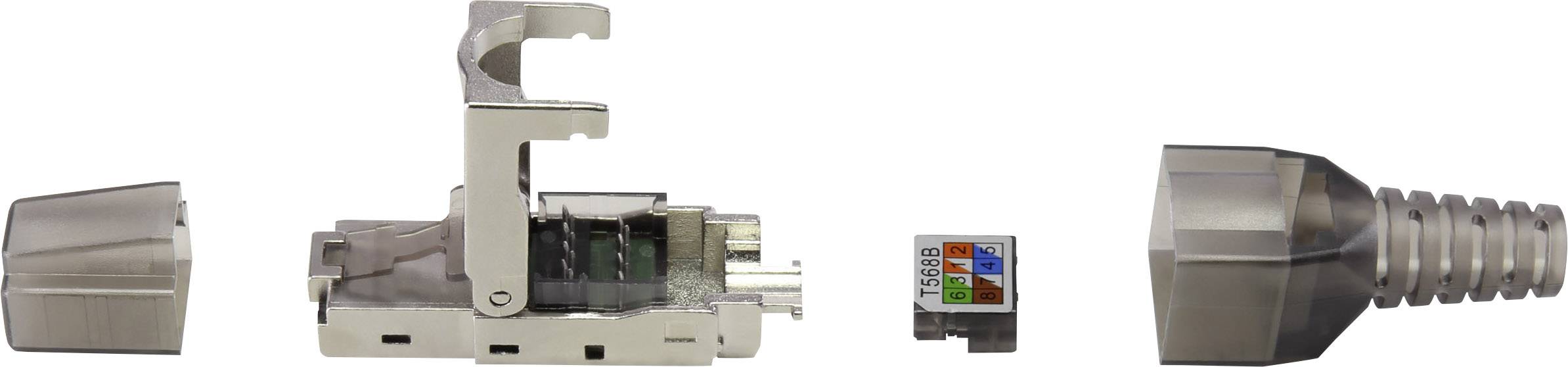 Metallschirmung für Netzwerkstecker, bestehend aus Abdeckung, Kontaktmodul, Farb-Code-Einsatz und Schutztülle, in Einzelteilen.