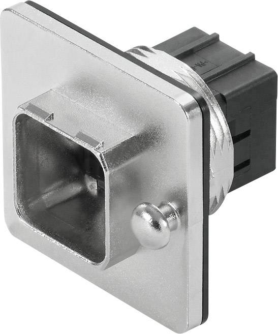 Metallischer Steckverbinder in quadratischer Form mit rechteckiger Öffnung und rundem Verriegelungselement, geeignet für industrielle Anwendungen.
