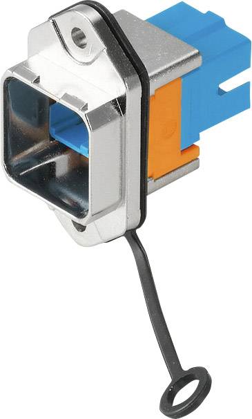 Steckverbinder mit Metallgehäuse und blauen sowie orangenen Kunststoffelementen, zeigt sich mit einem montierten Gummiring.