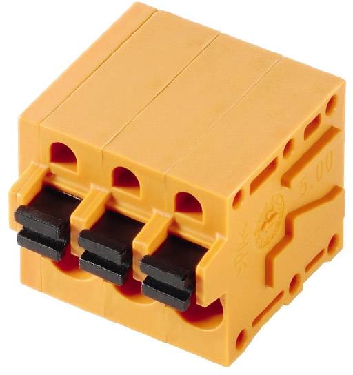 Ein orangefarbener, dreipoliger Steckverbinderblock, der zur elektrischen Verbindung mehrerer Drähte dient.