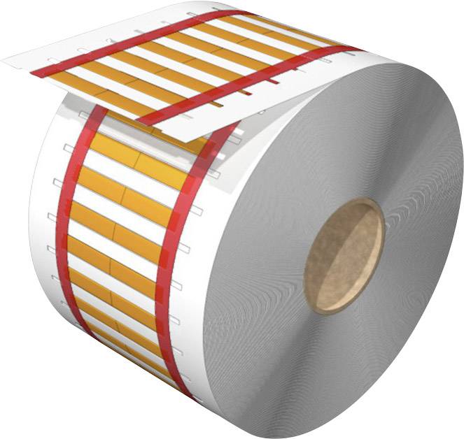 Große Rolle mit weißen, orangen und roten Streifen, ähnlich einem Etikettenband für industrielle oder kommerzielle Anwendungen.
