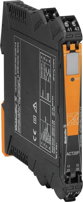 Schwarzes und oranges elektronisches Gerät, wahrscheinlich ein Signalwandler, mit technischer Beschriftung und mehreren Anschlüssen.