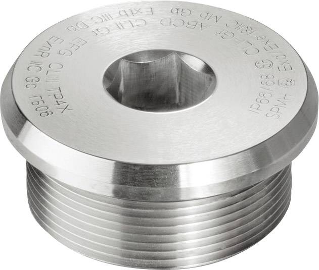 Metallkappe mit sechseckiger Vertiefung und eingravierten technischen Spezifikationen. Hauptsächlich aus rostfreiem Stahl gefertigt.
