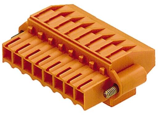 Oranger Kunststoffstecker mit leichten Hebelarmen und mehreren vertikalen Steckplätzen. Geeignet für elektronische Verbindungen.