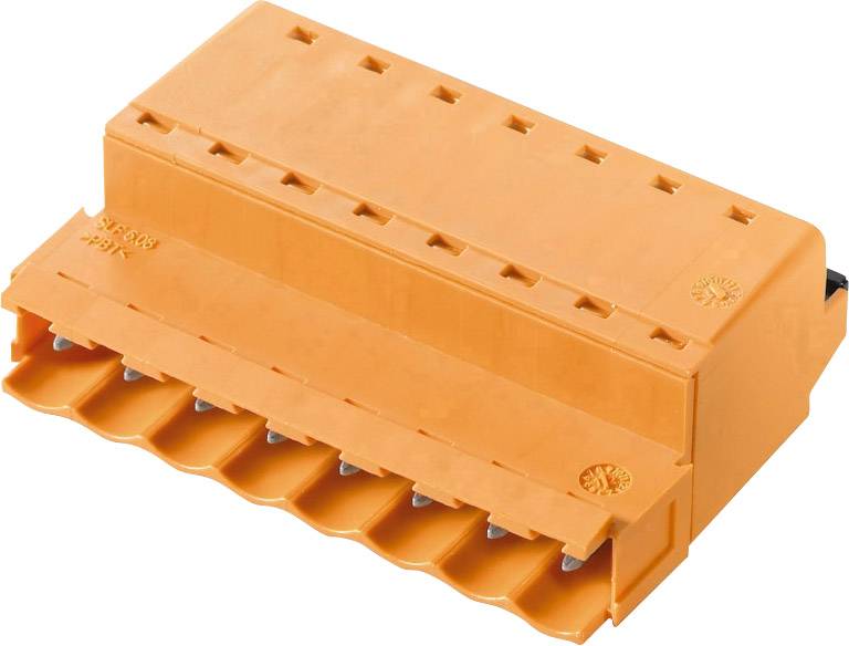 Oranger elektrischer Steckverbinder mit acht Anschlusspunkten und rechteckiger Form, verwendet für Kabelverbindungen.