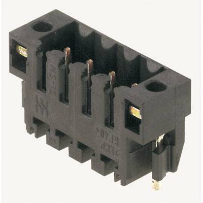 Ein schwarzer Kunststoffstecker mit vier rechteckigen Pins und zwei Löchern zur Befestigung.