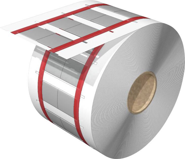 Rolle mit Etiketten; weiße Etiketten mit roten Streifen. Schichtweise strukturiert, zur industriellen Anwendung bereit.