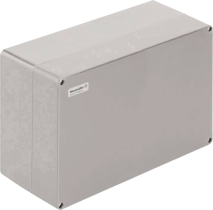 Metallisches Gehäuse mit abgerundeten Ecken und vier sichtbaren Schrauben; verwendet für die sichere Unterbringung elektrischer Komponenten.