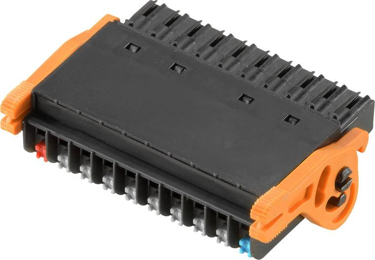 Schwarze elektrische Steckverbindung mit orangenen Elementen, verwendet zur Verbindung von Kabeln in elektrischen oder elektronischen Anwendungen.