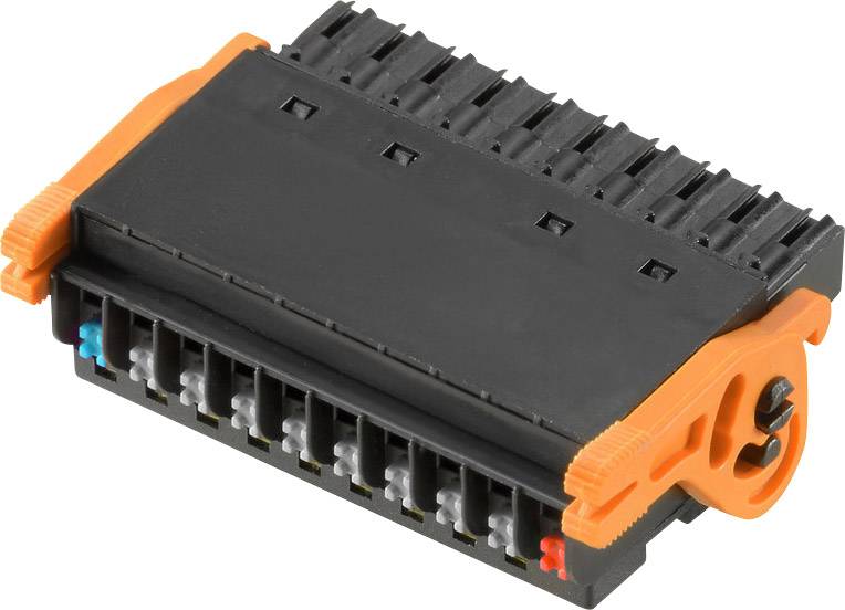 Ein schwarzer, rechteckiger Steckverbinder mit orangefarbenen Klemmen und mehreren Anschlüssen, für elektrische Verbindungen.