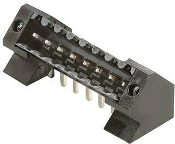 Abgebildet ist ein schwarzer elektrischer Steckverbinder mit mehreren Kontaktstiften, die unten herausragen.