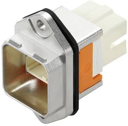 Ein USB-Stecker im Metallgehäuse mit orangefarbenem und weißem Kunststoffteil, geeignet für den Anschluss elektronischer Geräte.