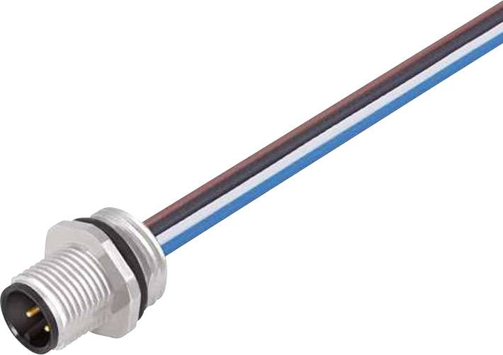 Ein elektrischer Stecker mit drei farbigen Kabeln (rot, schwarz, blau) ragt nach links. Fördert die Verbindung in elektronischen Geräten.