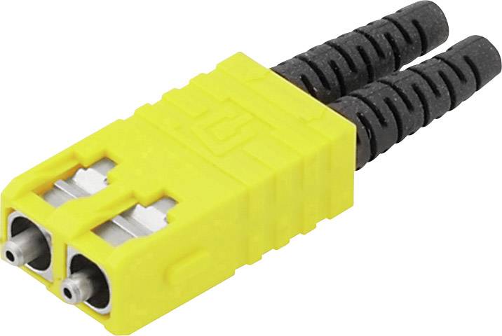 Gelber Glasfaserstecker mit zwei schwarzen Kabeln, meist für Netzwerkverbindungen genutzt.