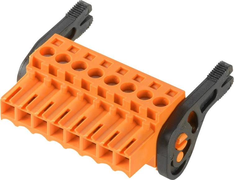 Eine orangefarbene Anschlussklemme mit schwarzen Hebeln, geeignet für die Verbindung mehrerer elektrischer Drähte.