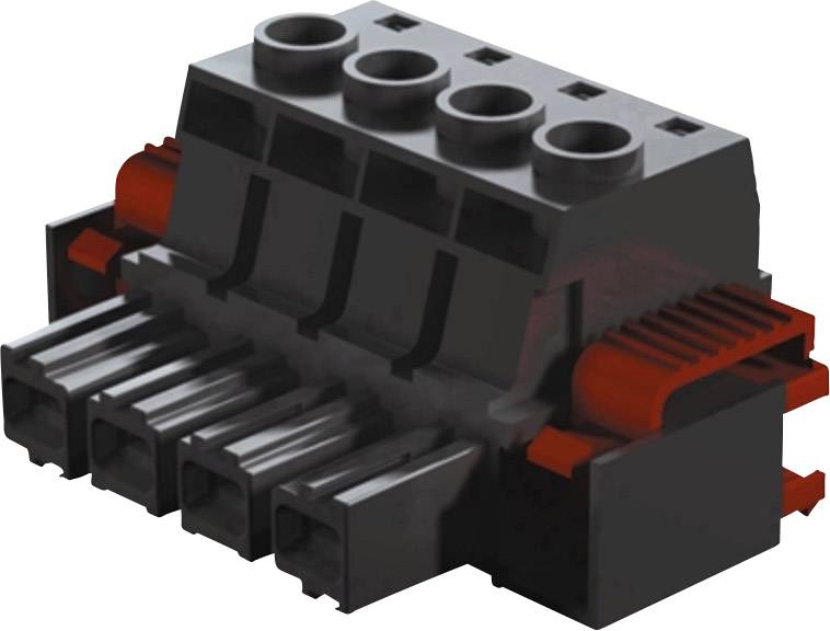 Ein schwarzer und roter elektrischer Steckverbinder mit mehreren Eingangspunkten, geeignet für industrielle Anwendungen.