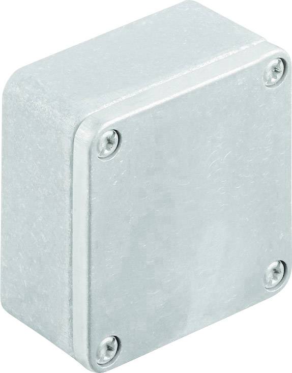 Rechteckige Metallbox mit Schrauben an den Ecken zur Befestigung eines Deckels. Sie sieht robust aus und ist wahrscheinlich für elektrische Komponenten geeignet.