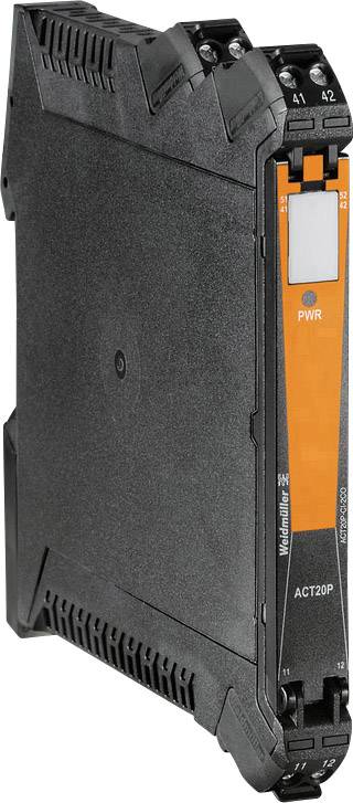 Elektronisches Modul in schwarzem Gehäuse mit oranger Frontplatte, Beschriftung 'PWR', und digitalen Anzeigen, geeignet zur Montage auf DIN-Schiene.