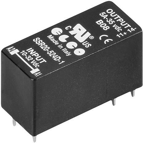 Rechteckiges Relais mit Aufschrift 'OUTPUT: 5A, 35 VDC', vier Anschlussstifte an der Unterseite, schwarz.
