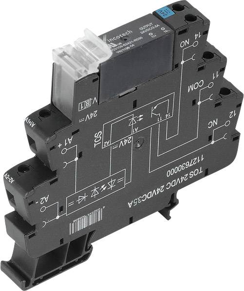 Ein schwarzer elektrischer Schaltrelais mit mehreren Anschlüssen und aufgedruckter Schaltplan-Grafik, zeigt Verbindungen und Spannung.