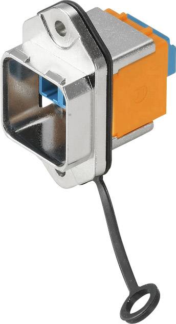 Bauelement mit rechteckigem Metallgehäuse, oranger und blauer Kunststoffkomponente. Anwendungsbereich: Elektronik, Verbindungstechnik.