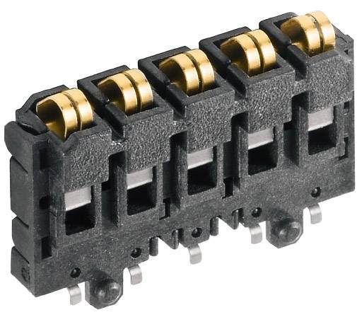Ein schwarzer, vierpoliger elektrischer Steckverbinder mit goldenen Kontakten zur Leiterplattenmontage.