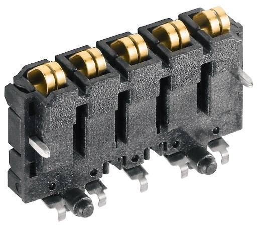 Ein schwarzer, mehrpoliger elektrischer Steckverbinder mit goldenen Kontakten, verwendet zur Verbindung von elektronischen Bauteilen.