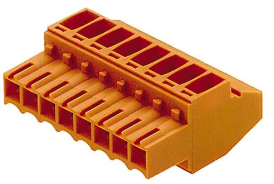 Ein orangefarbener elektrischer Steckverbinder mit mehreren Anschlüssen, geeignet zum Verbinden von Drähten in elektrischen Schaltungen.