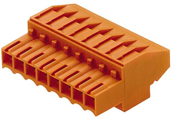 Ein oranges elektrisches Steckverbinderelement mit mehreren Steckplätzen, geeignet für die Verbindung von Kabeln in elektrischen Systemen.