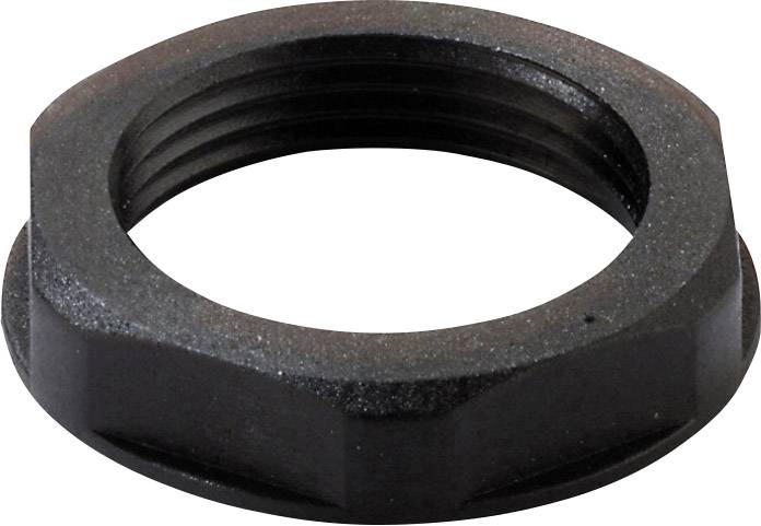 Sechskantmutter aus Metall, schwarz, mit Gewinde an der Innenseite. Verwendet zum Befestigen oder Sichern von Gegenständen.