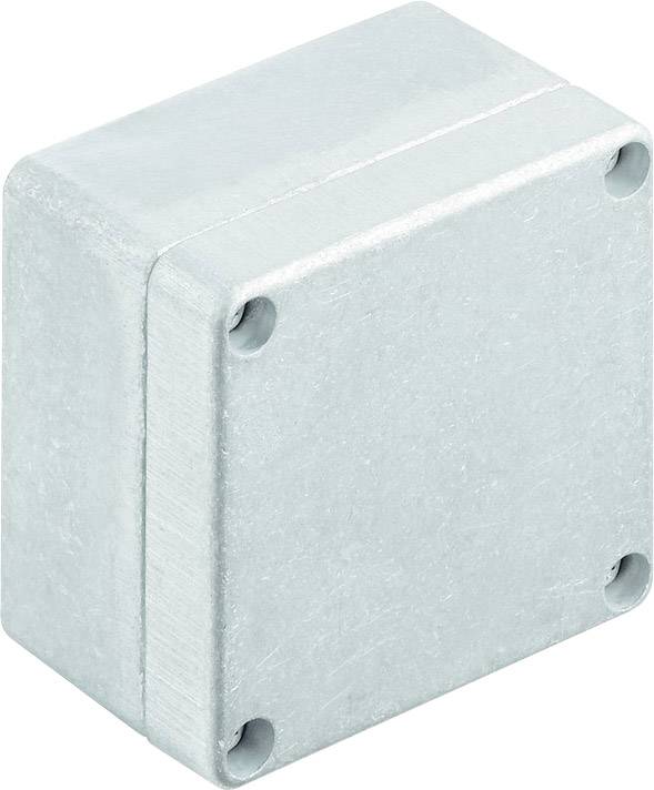 Metallischer quaderförmiger Kasten mit abgerundeten Ecken und vier Schraubenlöchern an den Ecken.