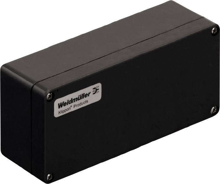 Ein rechteckiges schwarzes Gehäuse von Weidmüller mit der Aufschrift 'Klippon Products'.