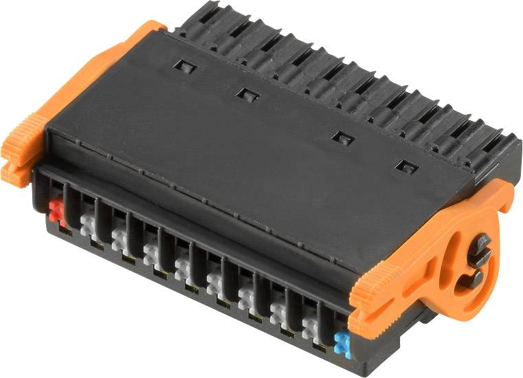 Ansicht eines schwarzen und orangefarbenen Steckverbinders mit mehreren Anschlüssen, geeignet für elektronische Geräte.