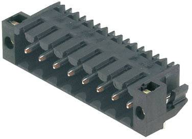 Schwarzer elektronischer Steckverbinder mit mehreren Pins in einer rechteckigen Anordnung, seitlich betrachtet.