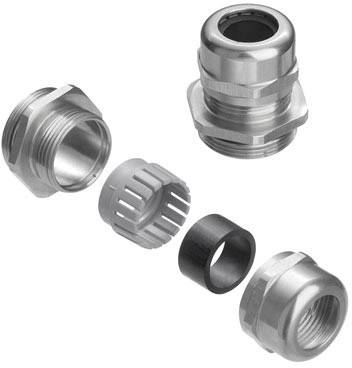 Metallkabelverschraubung, zerlegt in mehrere Teile: Gewindeteil, Dichtungseinsatz, Klemmbereich und Überwurfmutter, zur Kabelbefestigung.