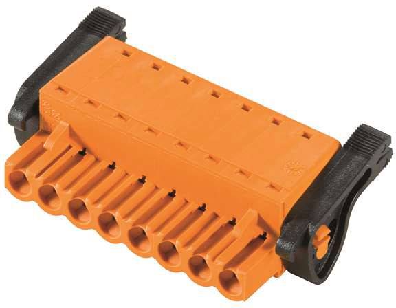 Oranger elektrischer Steckverbinder mit zehn Anschlüssen, rechteckiger Form und schwarzen Riegeln an den Seiten.