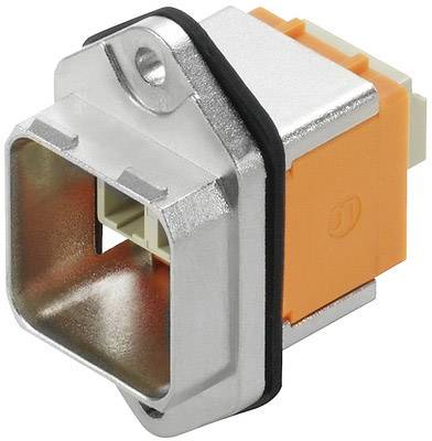 Ein rechteckiger Metallverbinder mit orangefarbenem Kunststoffgehäuse und schwarzem Gummiring, für elektrischen Anschluss.