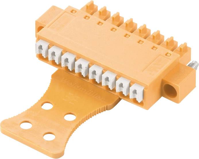 Ein orangefarbener elektrischer Steckverbinder mit mehreren Anschlusspunkten und einer Montagehalterung.