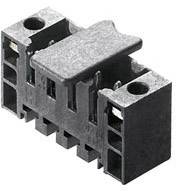 Schwarzer elektrischer Steckverbinder, Draufsicht. Rechteckige Form mit mehreren Anschlussstiften, typisch für Leiterplatten.