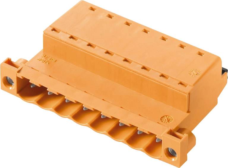 Ein orangefarbenes elektrisches Steckverbindermodul mit mehreren Anschlussklemmen, geeignet für industrielle Anwendungen.