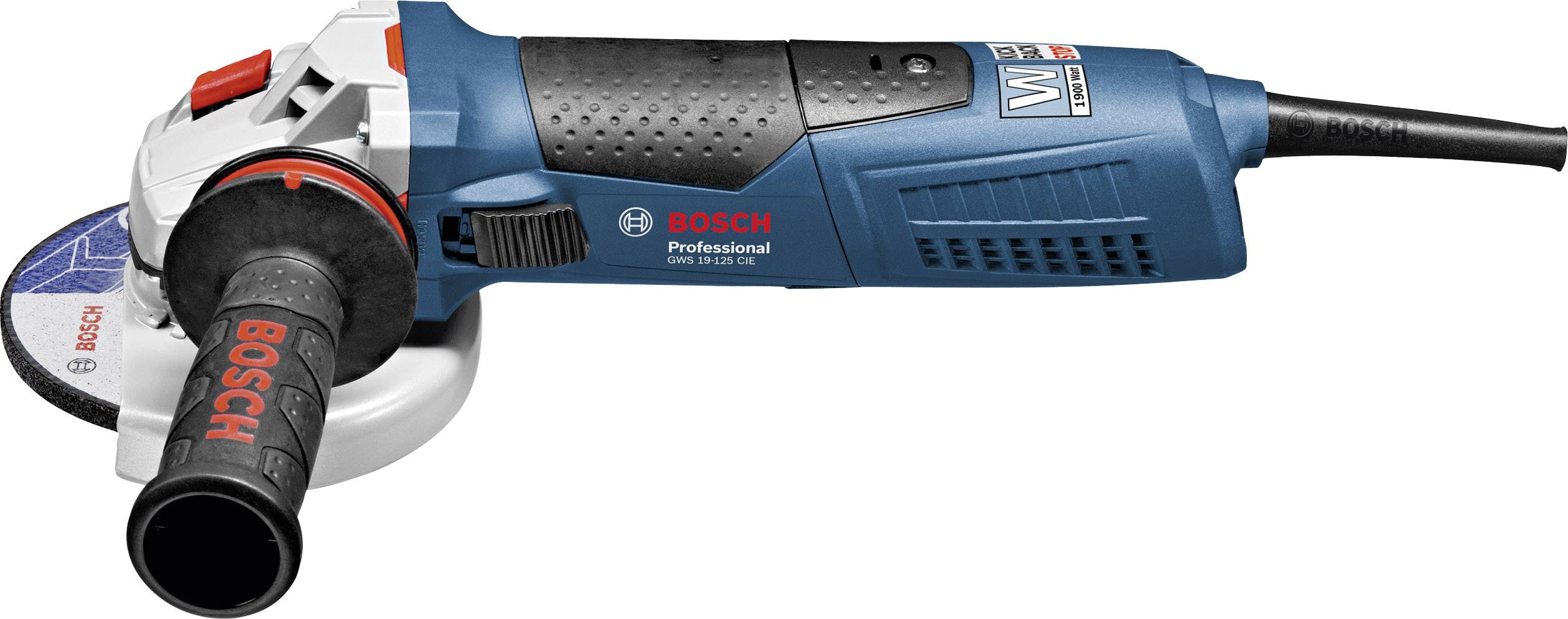 Ein blauer Bosch-Winkelschleifer mit schwarzem Griff und rotem Schalter, liegend auf weißem Hintergrund.
