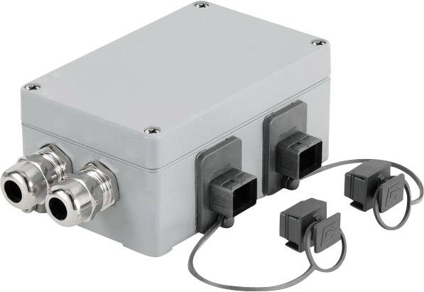 Graues rechteckiges Gehäuse mit zwei Metallanschlüssen und zwei Kabeln mit Steckern, die herausgeführt werden. Geeignet für elektrische Anwendungen.