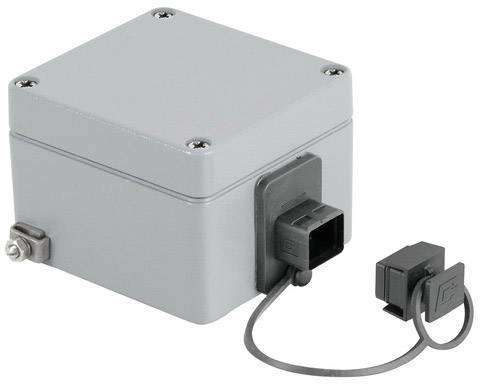 Graues, rechteckiges Gehäuse mit abnehmbarem Stecker. Verwendet für elektrische Anschlüsse oder Schutz von Elektronik.